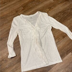 LOFT Cream / white Ruffle V-Neck Long Sleeve Blouse
